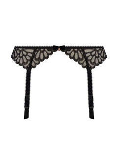 Flat lay of Freya Loveland Suspender Belt in Bombshell Black, art deco lace garter belt with adjustable suspender straps.