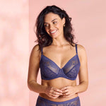 Model wearing Wacoal Sensu Lace Underwire Bra Dark Azure showing full cup fit and beautiful blue stretch lace.