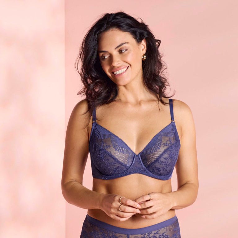 Model wearing Wacoal Sensu Lace Underwire Bra Dark Azure showing full cup fit and beautiful blue stretch lace.