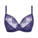 Flat lay of Wacoal Sensu Lace Underwire Bra Dark Azure laid flat highlighting elegant lace, full cup shape, and contemporary silver trim.