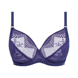 Flat lay of Wacoal Sensu Lace Underwire Bra Dark Azure laid flat highlighting elegant lace, full cup shape, and contemporary silver trim.
