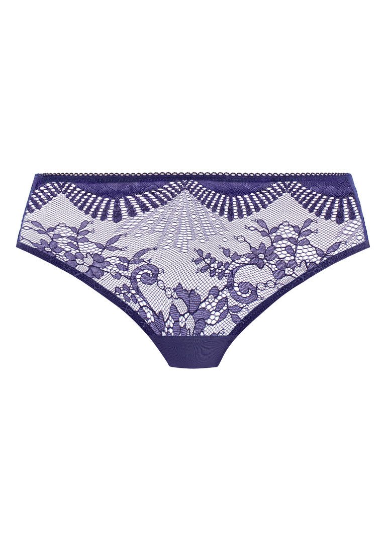 Flat lay of Wacoal Sensu Lace Bikini Brief Dark Azure laid flat showing elegant stretch lace and medium coverage design.