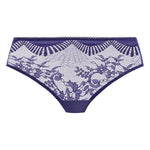 Flat lay of Wacoal Sensu Lace Bikini Brief Dark Azure laid flat showing elegant stretch lace and medium coverage design.