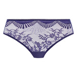 Flat lay of Wacoal Sensu Lace Bikini Brief Dark Azure laid flat showing elegant stretch lace and medium coverage design.