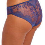 Side angle of Wacoal Sensu Lace Brief Dark Azure on model highlighting sheer mesh and soft scalloped edging.