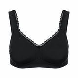 Flat lay of The Foundation’s Susa Cotton Comfort Bra in Black, wirefree and made from breathable organic cotton for all-day ease.