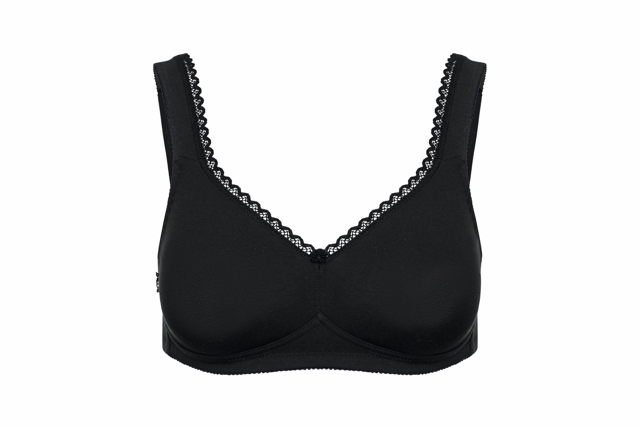 Flat lay of The Foundation’s Susa Cotton Comfort Bra in Black, wirefree and made from breathable organic cotton for all-day ease.