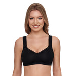 The Foundation Susa Wirefree Cotton Comfort Bra in Black, front view showing seamless design and supportive fit for everyday wear.