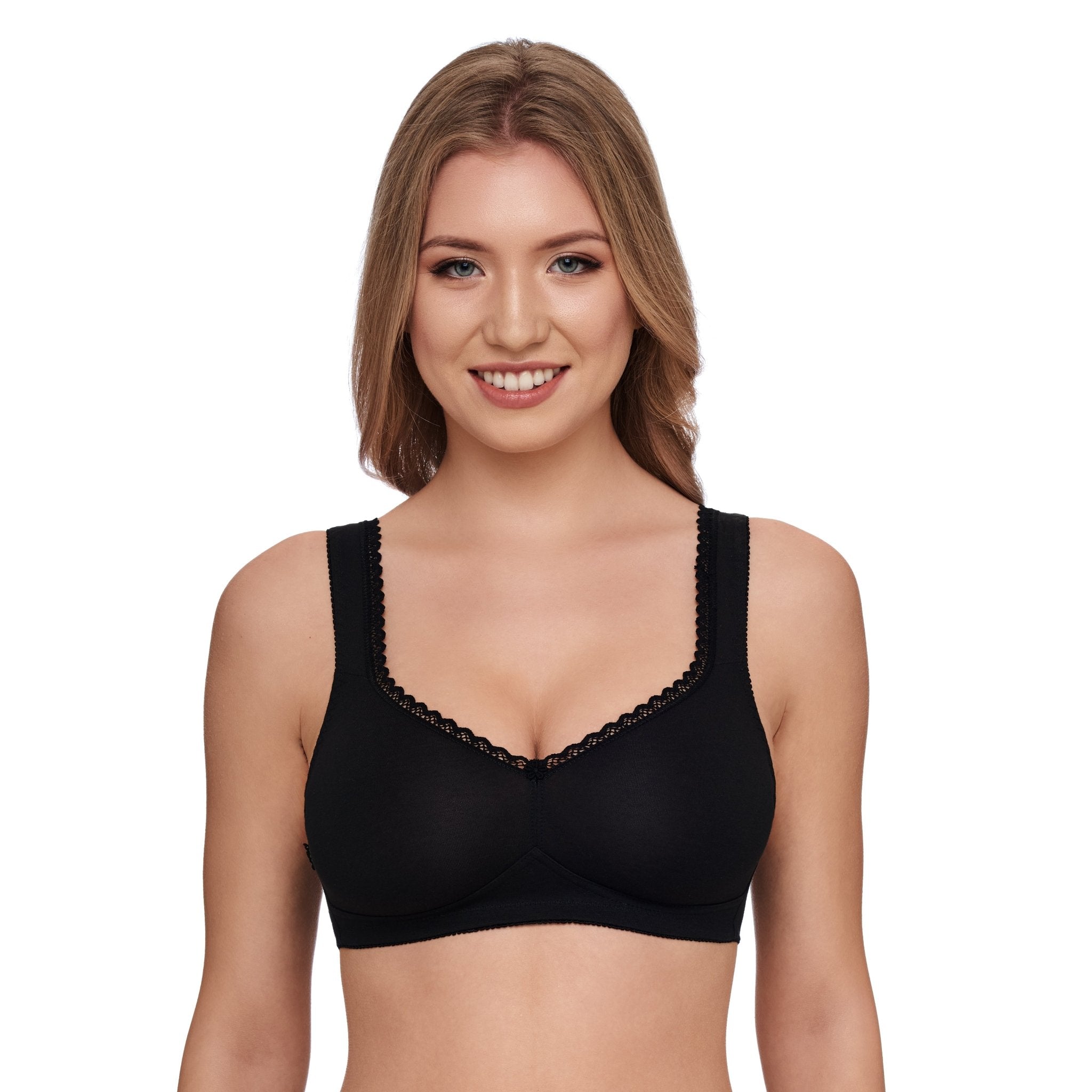 The Foundation Susa Wirefree Cotton Comfort Bra in Black, front view showing seamless design and supportive fit for everyday wear.