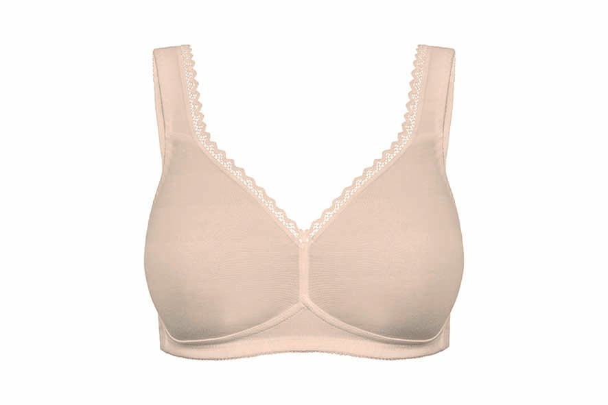 Flat lay of The Foundation’s Susa Cotton Comfort Bra in Cappuccino, wirefree with pre-formed seamless cups and organic cotton fabric.