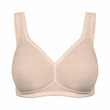 Flat lay of The Foundation’s Susa Cotton Comfort Bra in Cappuccino, wirefree with pre-formed seamless cups and organic cotton fabric.