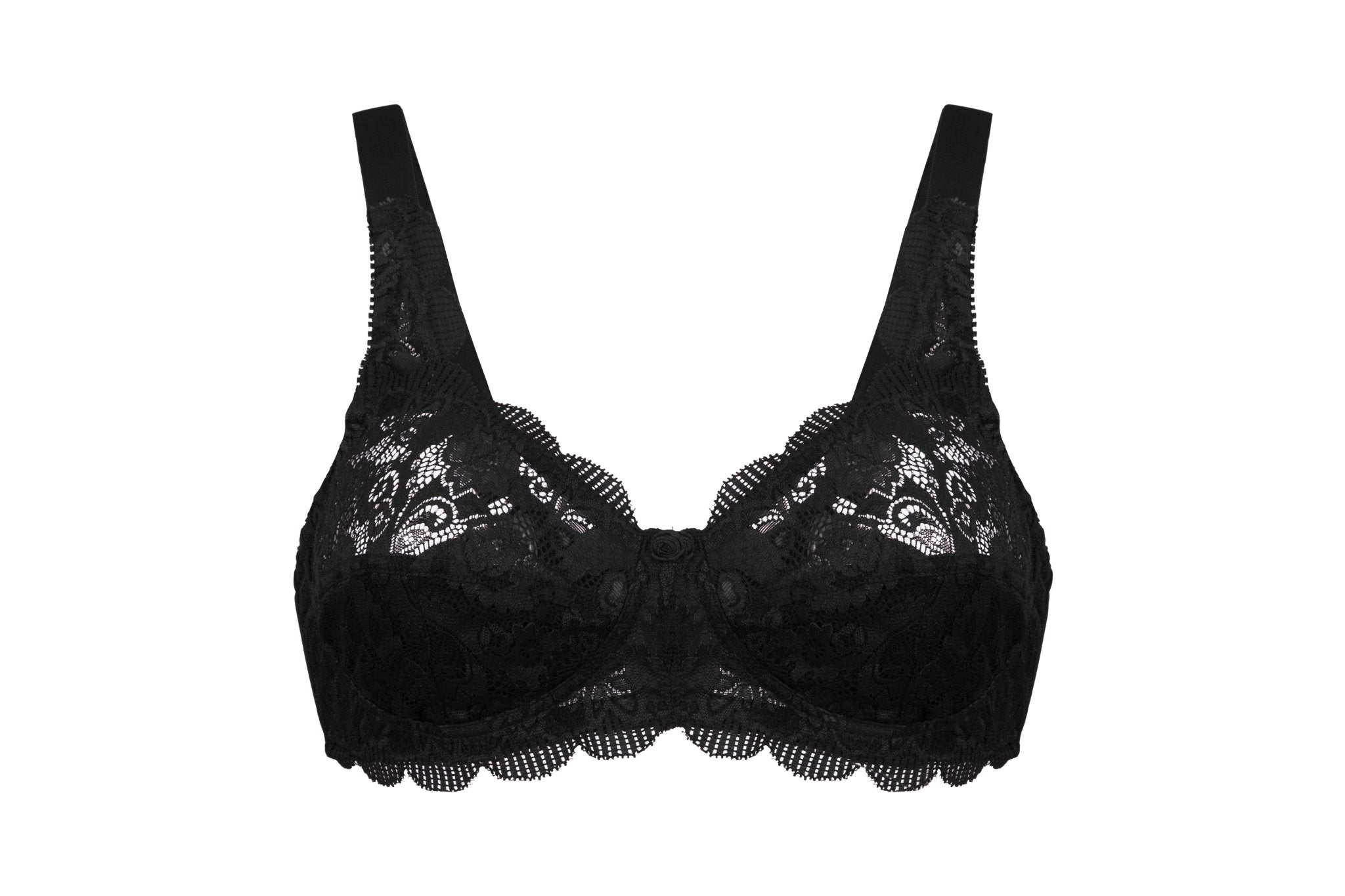 Susa Latina Soft Bra Black flat lay from The Foundation – non-wired lace bra with 3-part supportive cup and flattering structure.