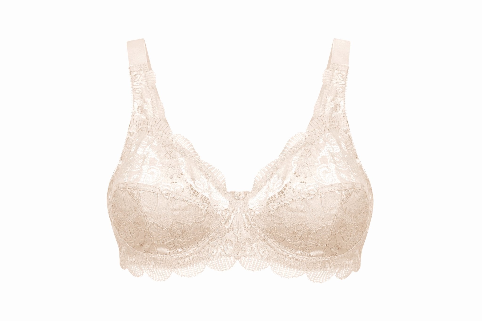 Flat lay Susa Latina Soft Bra Pure Beige from The Foundation – non-wired cotton-lined bra with lace detail and supportive stitched cups.