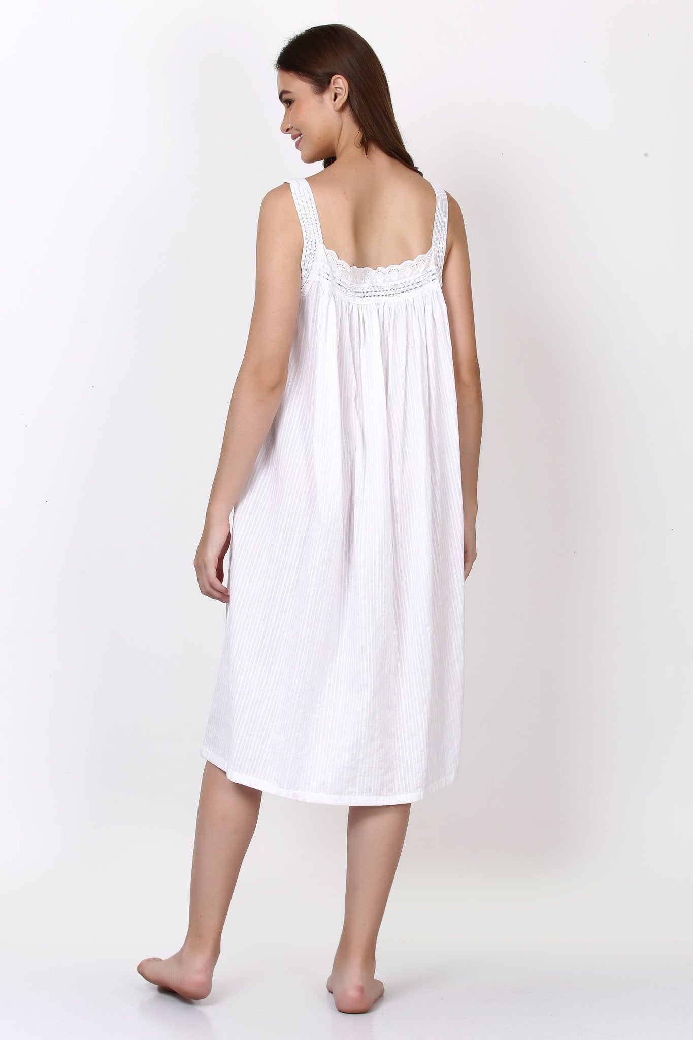 Back view of strappy cotton nightie, showing elastic panel and breezy fit.