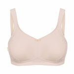 Flat lay of London Minimiser Soft Bra in nude sand colour, featuring moulded cups and subtle lace trim.