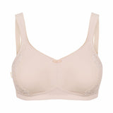 Flat lay of London Minimiser Soft Bra in nude sand colour, featuring moulded cups and subtle lace trim.