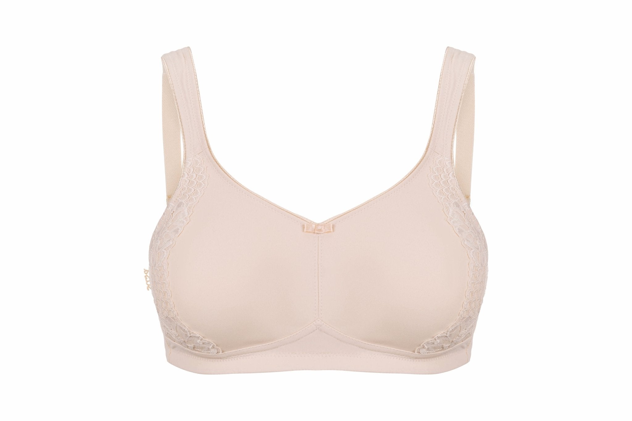 Flat lay of London Minimiser Soft Bra in nude sand colour, featuring moulded cups and subtle lace trim.