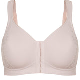 Flat lay of the London Wirefree Front Close Bra Sand – seamless, moulded cups and front clasp for everyday ease.