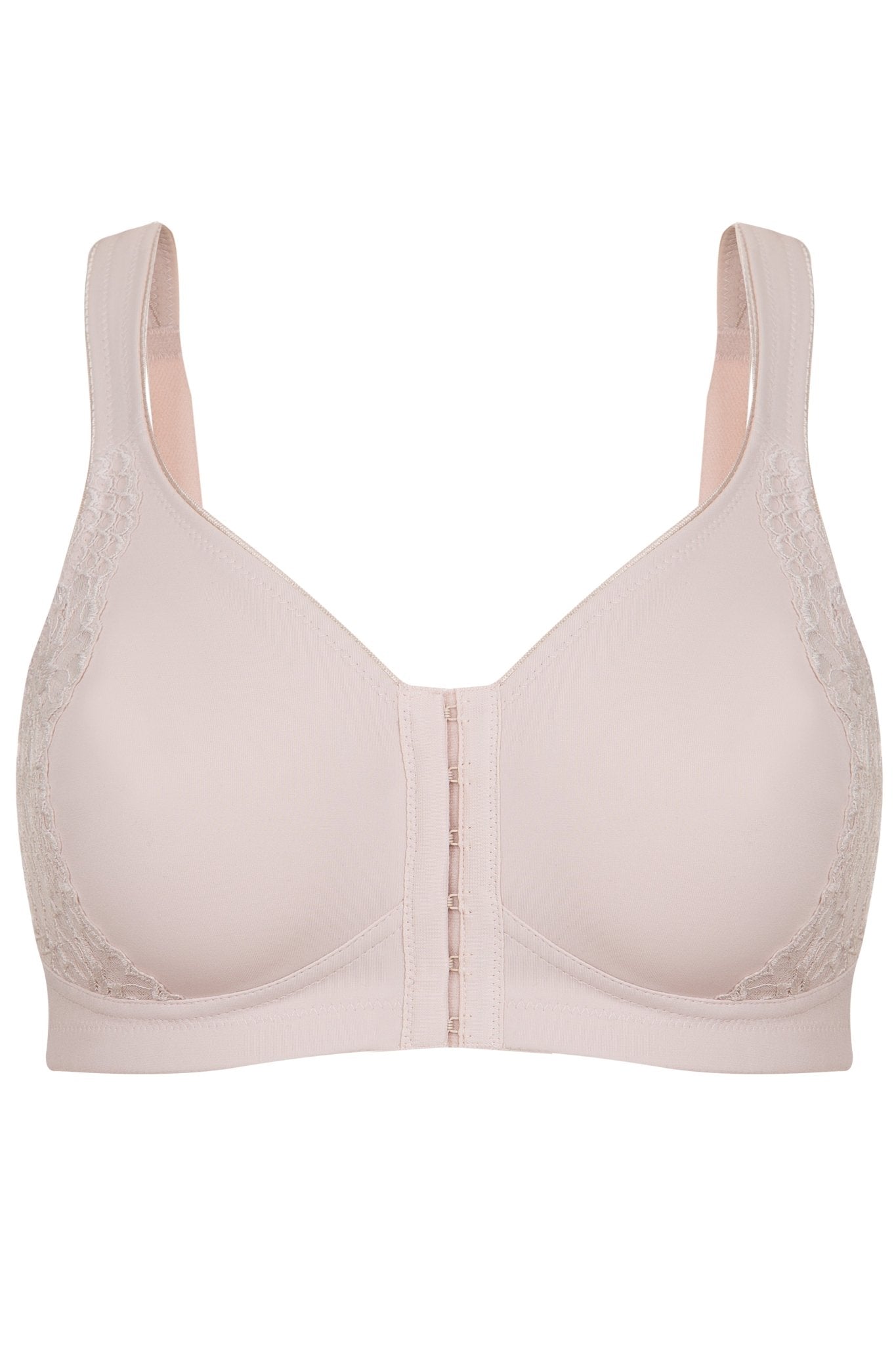 Flat lay of the London Wirefree Front Close Bra Sand – seamless, moulded cups and front clasp for everyday ease.