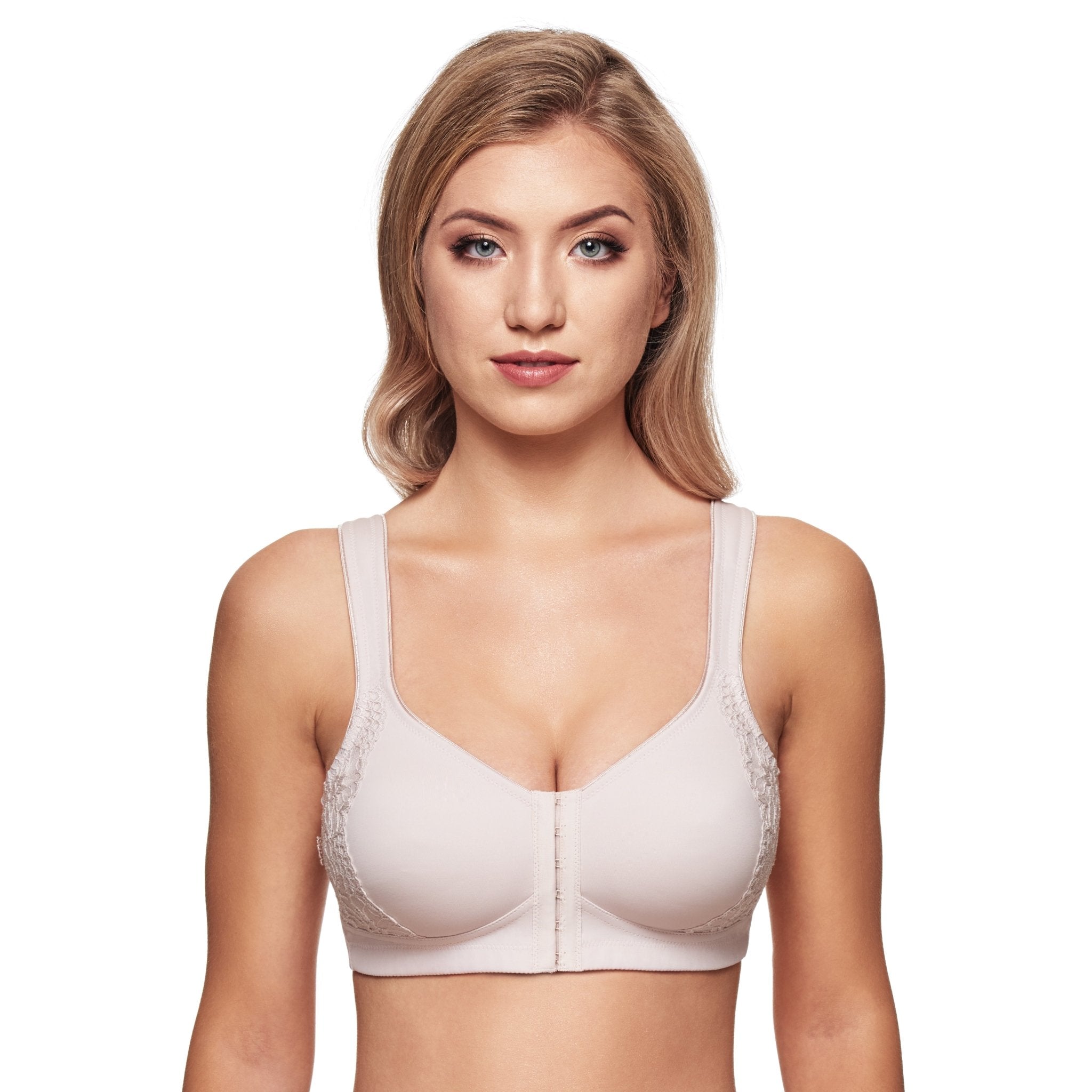 Front view of the Susa London Wirefree Front Close Bra in Sand – supportive minimiser bra with subtle lace detail.