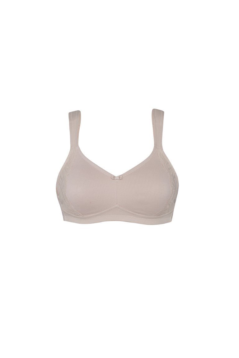 Nizza Cotton Wirefree Minimizer Bra in Sand – seamless, non-wired support with sustainable lace flat lay