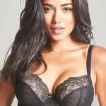 Front view of Panache Ana Plunge Bra in Black with lace detailing and plunge neckline—available now at The Foundation for fuller busts.