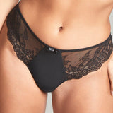 Close up of Panache Ana Thong in Black featuring soft lace and flattering fit—available now at The Foundation.