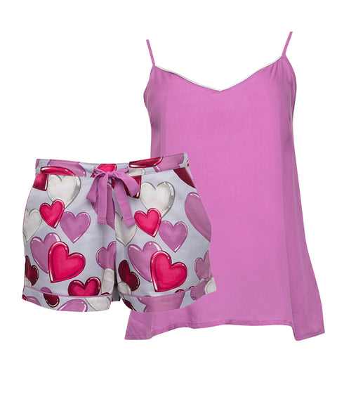 Heart Print Shorts & Pink Modal Cami Set