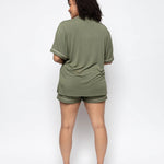 Back view of the olive Cyberjammies set showing relaxed silhouette and elasticated waistband.