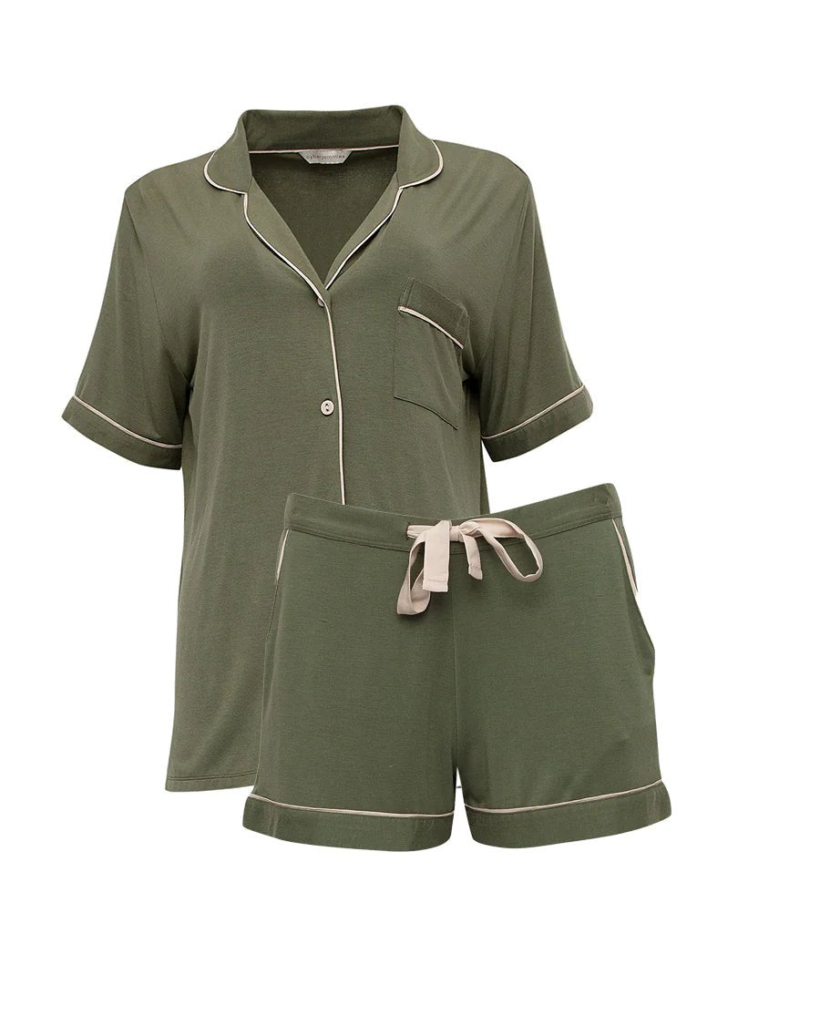 Laid flat olive jersey shorty set showing top and shorts with button and drawstring details.