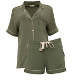 Laid flat olive jersey shorty set showing top and shorts with button and drawstring details.
