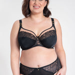 Samanta Amelia Full Cup Side Support Bra Black, plus-size model front view, supportive full cup bra with German lace, luxury lingerie for fuller busts.