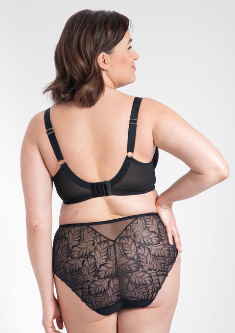 Back view of Amelia Midi Brief Black, highlighting lace coverage and mid rise fit, from The Foundation’s lingerie collection.