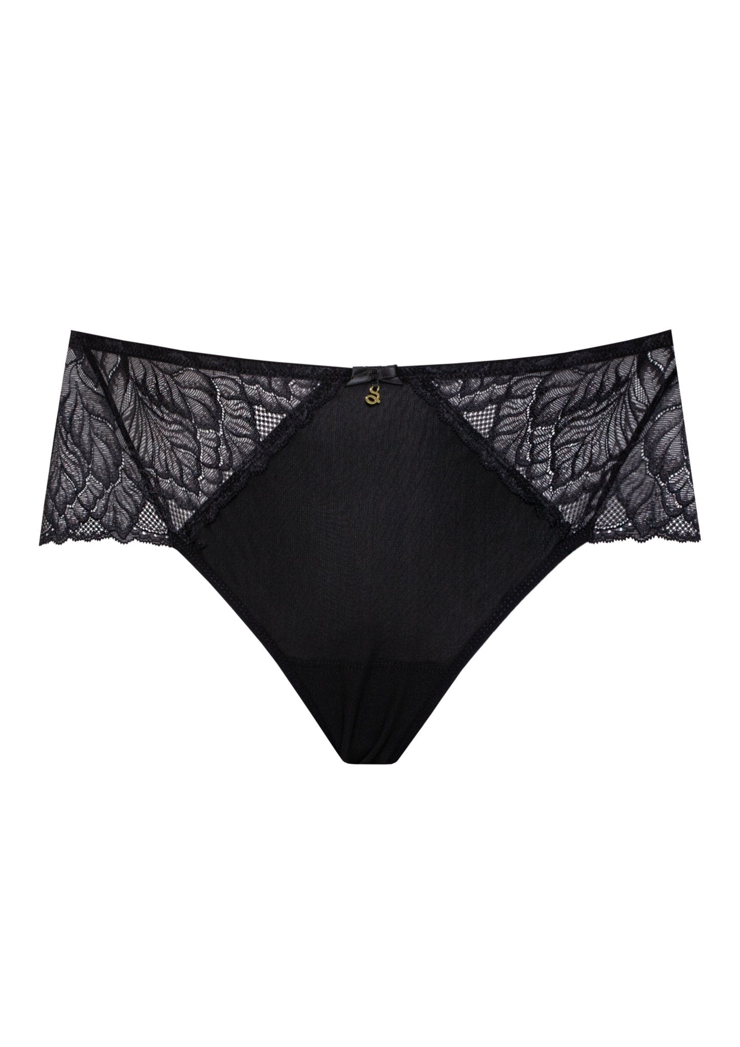 Amelia Midi Brief Black by Samanta, front view showing delicate German floral lace, available at The Foundation.