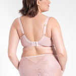 “Samanta Amelia Full Cup Side Support Bra Rose, back view, plus-size lingerie, wide supportive wings and gold ring accents.