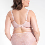 “Samanta Amelia Full Cup Side Support Bra Rose, back view, plus-size lingerie, wide supportive wings and gold ring accents.