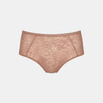 Flat lay of The Foundation's Amourette Charm Maxi 02 Brief Rust highlighting sheer tulle and soft floral lace.