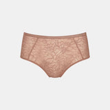 Flat lay of The Foundation's Amourette Charm Maxi 02 Brief Rust highlighting sheer tulle and soft floral lace.