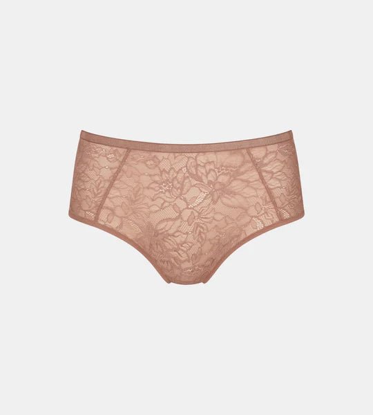 Flat lay of The Foundation's Amourette Charm Maxi 02 Brief Rust highlighting sheer tulle and soft floral lace.