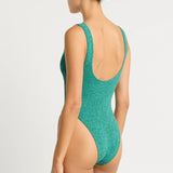 Bond Eye Madison One Piece Swimsuit in Teal, crinkle knit with gold lurex thread, scoop back and thick straps – available at The Foundation.