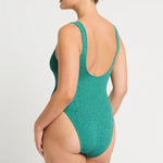 Bond Eye Madison One Piece Swimsuit in Teal, crinkle knit with gold lurex thread, scoop back and thick straps – available at The Foundation.