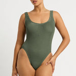 Bond Eye Madison One Piece Swimsuit in Khaki, made from eco crinkle stretch fabric with scoop back and thick straps – available at The Foundation.
