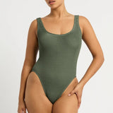 Bond Eye Madison One Piece Swimsuit in Khaki, made from eco crinkle stretch fabric with scoop back and thick straps – available at The Foundation.