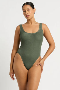 Bond Eye Madison One Piece Swimsuit in Khaki, made from eco crinkle stretch fabric with scoop back and thick straps – available at The Foundation.