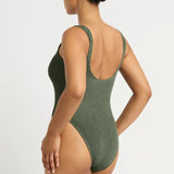Bond Eye Madison One Piece Swimsuit in Khaki, made from eco crinkle stretch fabric with scoop back and thick straps – available at The Foundation.