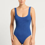 Bond Eye Madison One Piece Swimsuit in Lake blue, eco crinkle stretch fabric with scoop back and thick straps – available at The Foundation.