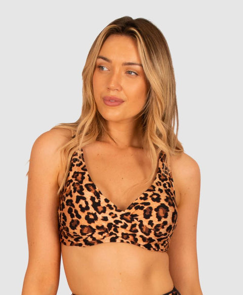 Front view of the Baku Zambia D/E Wrap Bra in mocha cheetah print, a supportive swimwear piece available at The Foundation.