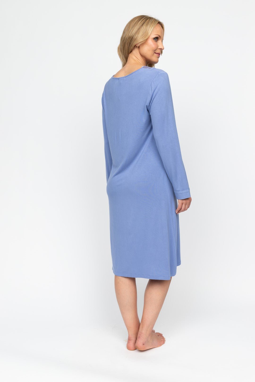 Back view of the Brooke Nightdress, showcasing its relaxed silhouette and knee-grazing fit.
