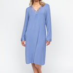 Front view of the Nora Rose Brooke Long Sleeve Nightdress in soft modal jersey, highlighting the V-neckline with lace trim and folded hem.