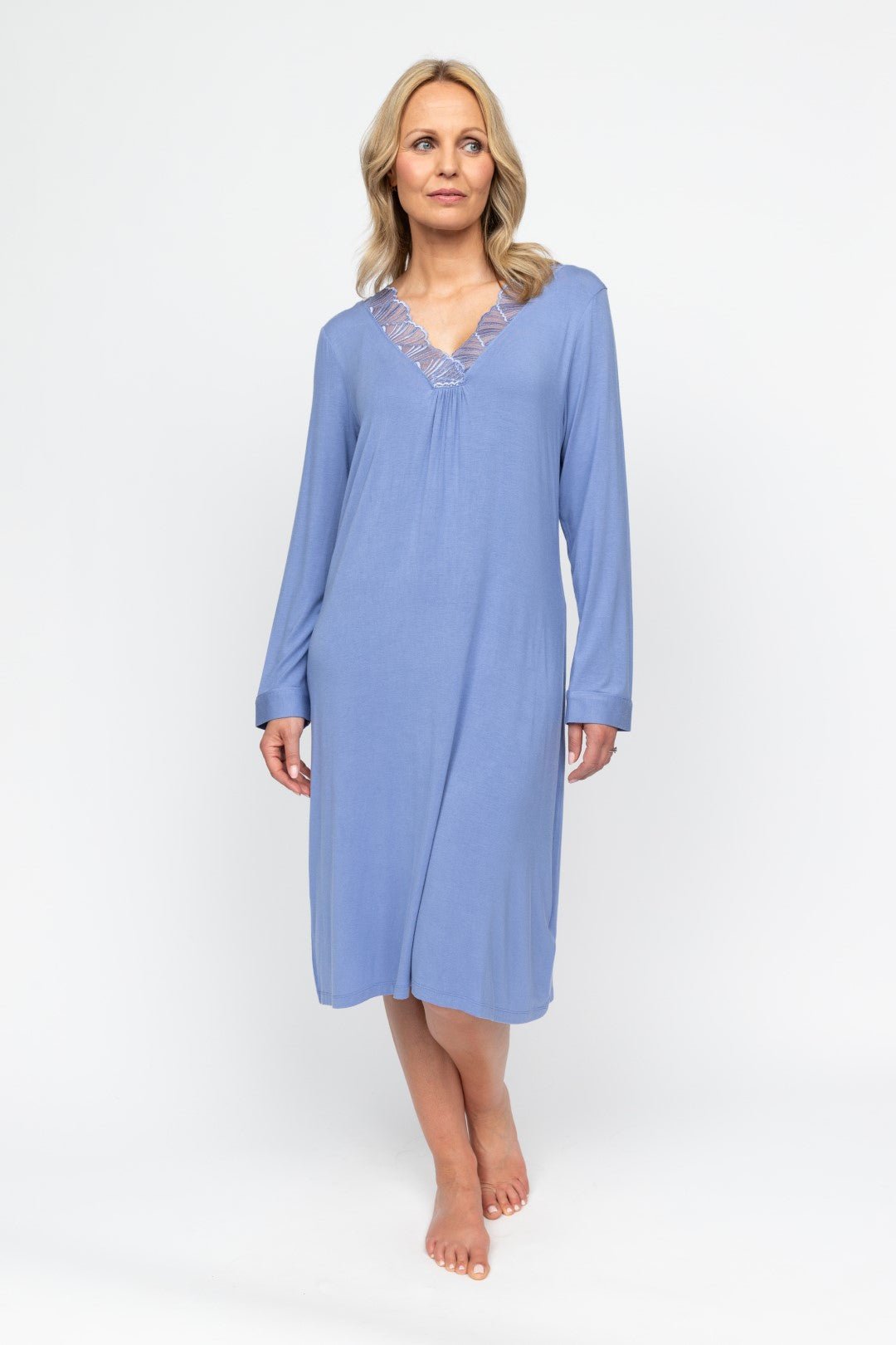 Front view of the Nora Rose Brooke Long Sleeve Nightdress in soft modal jersey, highlighting the V-neckline with lace trim and folded hem.